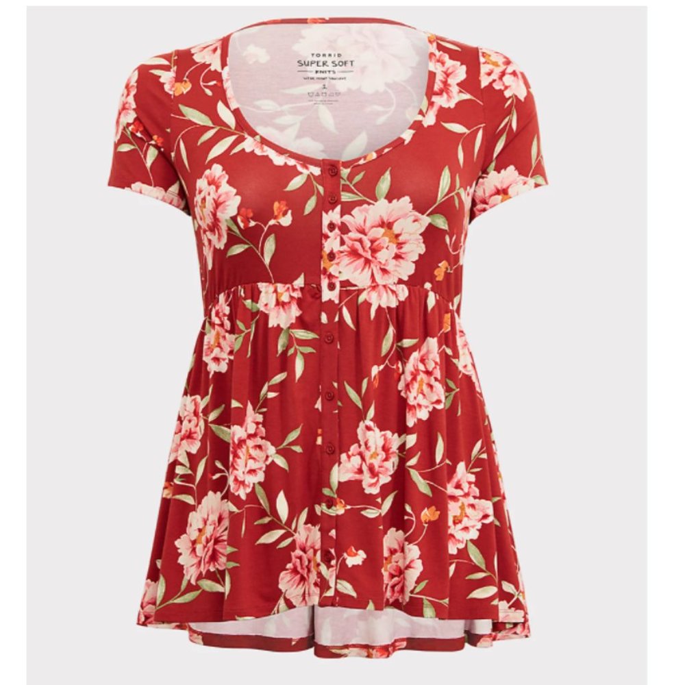 Torrid Super Soft Red Floral Button Babydoll Top